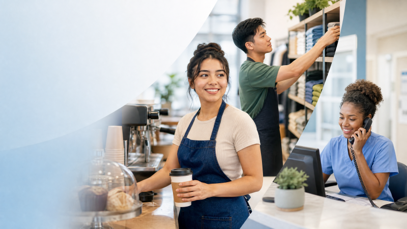 Editorial illustration of young adults in summer employment settings