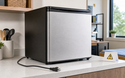Editorial illustration of an unplugged generic compact refrigerator