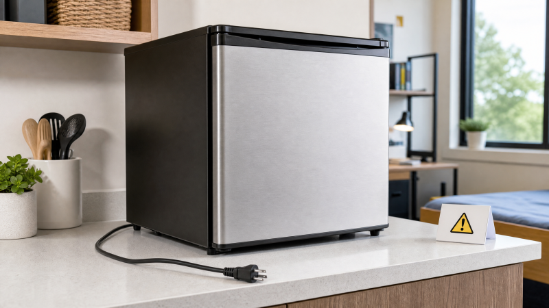 Editorial illustration of an unplugged generic compact refrigerator