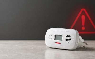 Editorial illustration of a generic plug-in carbon monoxide detector safety warning