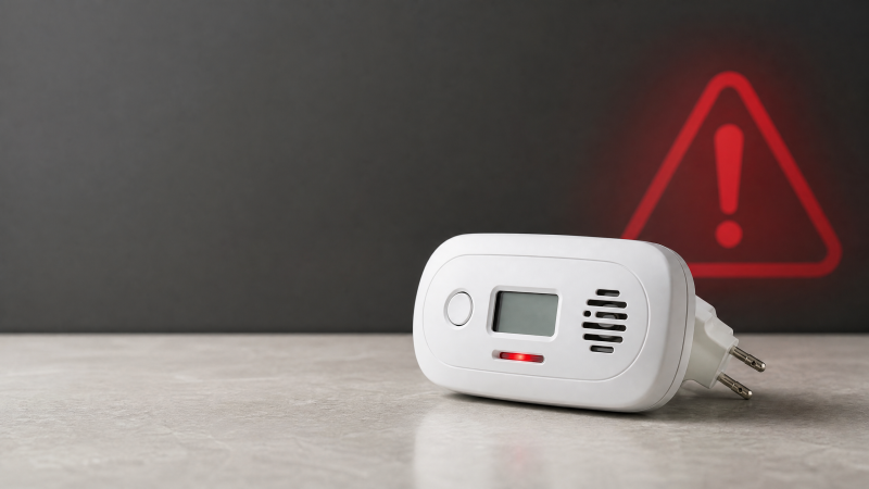 Editorial illustration of a generic plug-in carbon monoxide detector safety warning