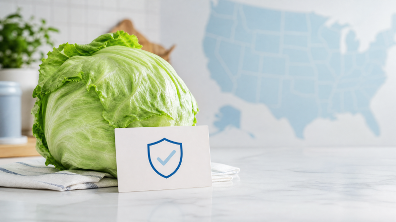 Editorial illustration of iceberg lettuce, a food-safety notice, and a public health investigation map