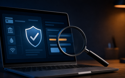 Bill payment website on a laptop beside a notification about a proposed FTC settlement with Doxo