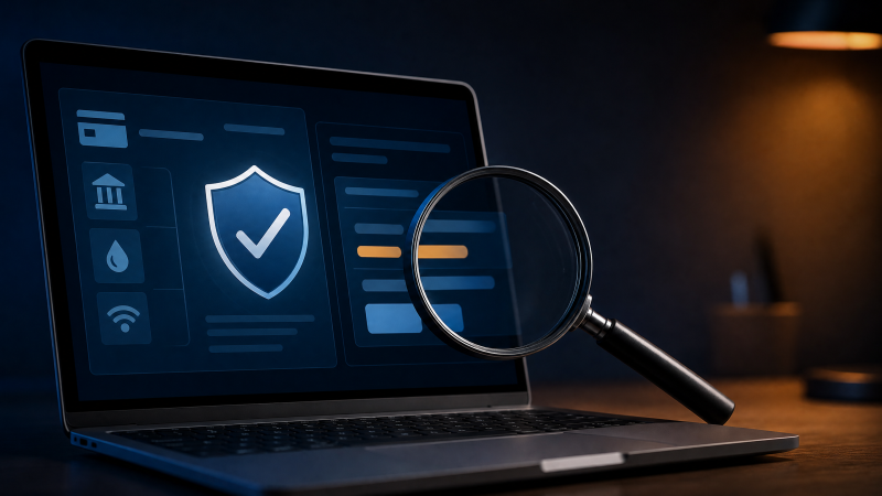 Bill payment website on a laptop beside a notification about a proposed FTC settlement with Doxo