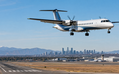 Editorial illustration of a hybrid-electric regional aircraft near a regional airport