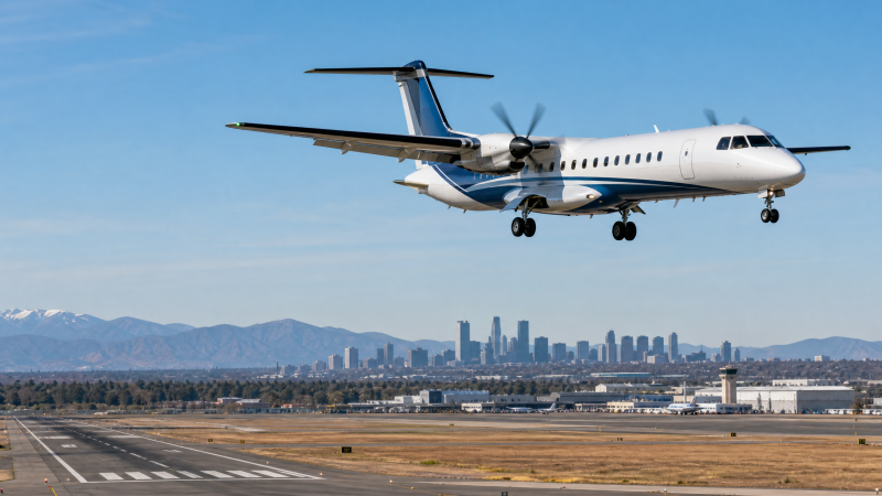 Editorial illustration of a hybrid-electric regional aircraft near a regional airport