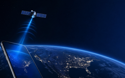 Editorial illustration of a smartphone connecting to a satellite above the United States