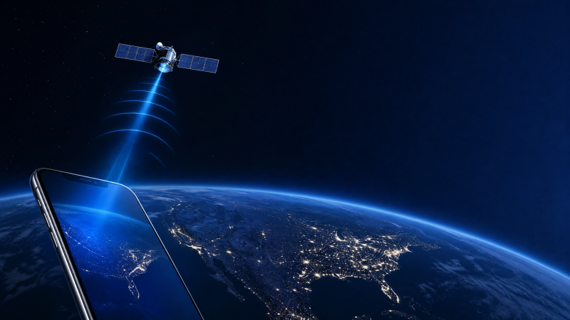 Editorial illustration of a smartphone connecting to a satellite above the United States