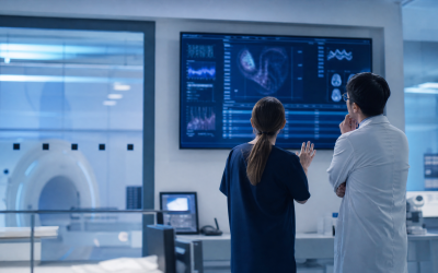 Editorial illustration of clinicians reviewing abstract digital health information