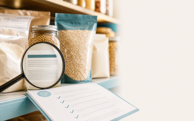 Editorial illustration of food ingredients, a grocery product label, and a regulatory review document