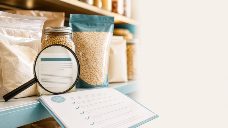Editorial illustration of food ingredients, a grocery product label, and a regulatory review document