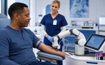Editorial illustration of a robotic blood draw device in an outpatient clinic