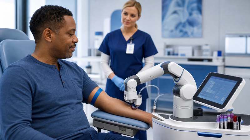 Editorial illustration of a robotic blood draw device in an outpatient clinic