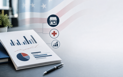 Editorial illustration of a U.S. jobs report with retail, health care, and wage-growth symbols