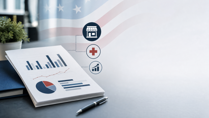 Editorial illustration of a U.S. jobs report with retail, health care, and wage-growth symbols