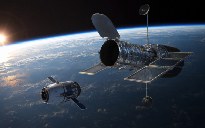 Editorial illustration of spacecraft rendezvous near an orbiting observatory above Earth