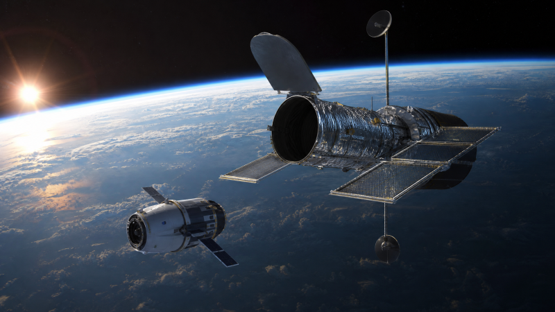 Editorial illustration of spacecraft rendezvous near an orbiting observatory above Earth