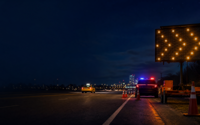 Editorial illustration of a nighttime road-safety enforcement campaign