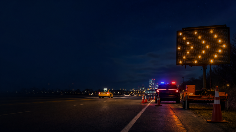 Editorial illustration of a nighttime road-safety enforcement campaign