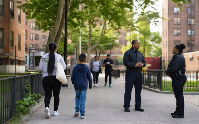 Editorial illustration of a New York City public housing neighborhood and community safety officers