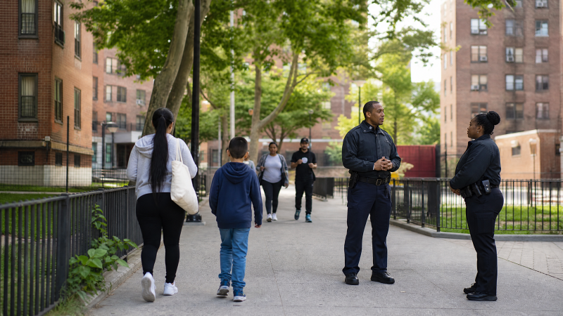 Editorial illustration of a New York City public housing neighborhood and community safety officers