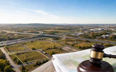 Editorial illustration of surplus land parcels near a New York highway interchange