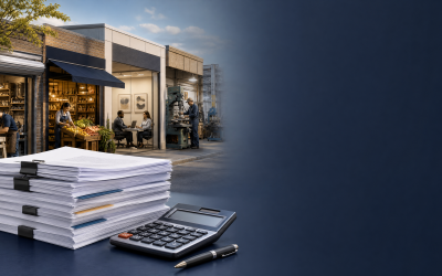 Editorial illustration of small businesses and regulatory documents