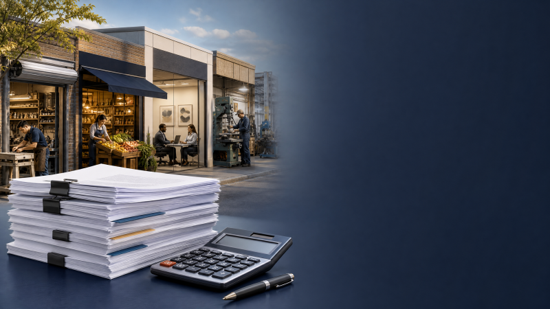 Editorial illustration of small businesses and regulatory documents