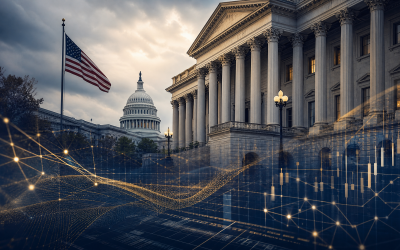 Editorial illustration of U.S. financial regulation and digital asset policy