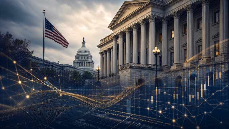Editorial illustration of U.S. financial regulation and digital asset policy
