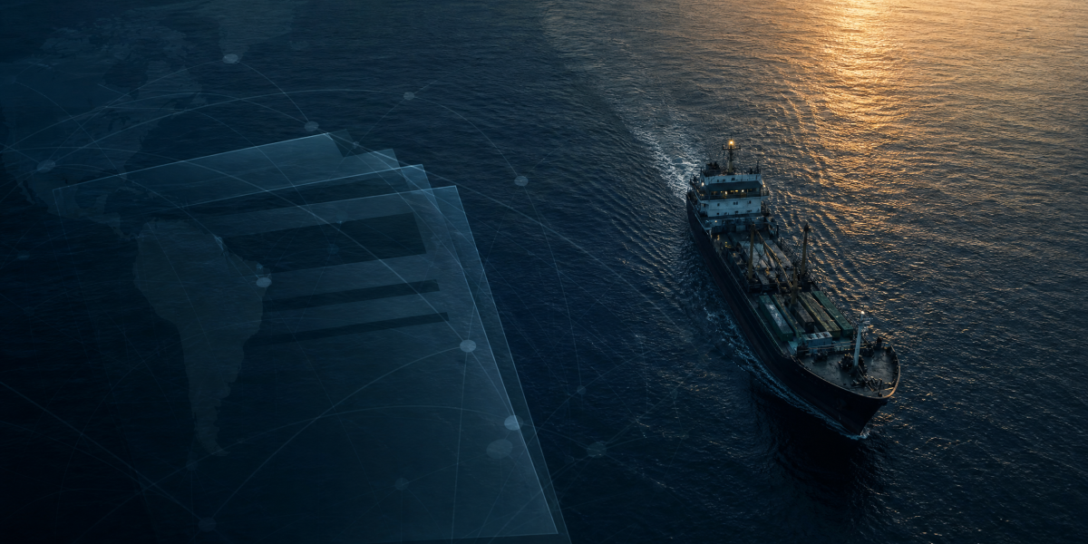Editorial illustration of a maritime vessel and financial sanctions network