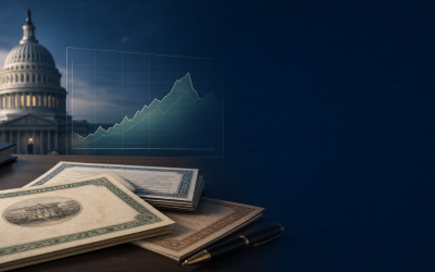 Editorial illustration of long-term U.S. Treasury bonds and a market liquidity chart near the Capitol