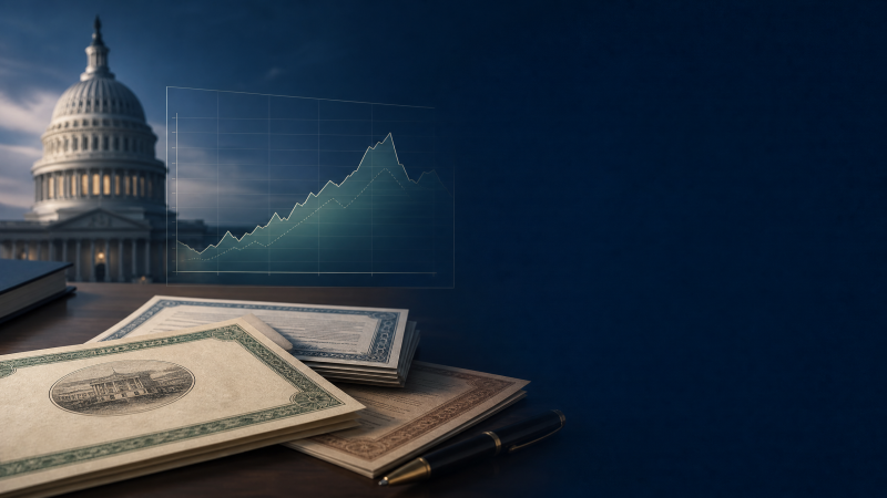 Editorial illustration of long-term U.S. Treasury bonds and a market liquidity chart near the Capitol