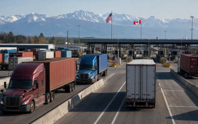 Editorial illustration of U.S.-Canada cross-border freight logistics