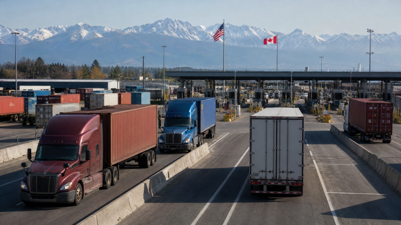 Editorial illustration of U.S.-Canada cross-border freight logistics