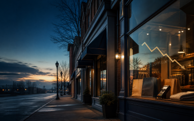 Illustration of a U.S. retail storefront with a downward trend line for July 2026 retail sales