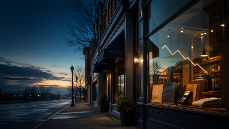 Illustration of a U.S. retail storefront with a downward trend line for July 2026 retail sales