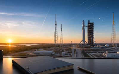 Editorial illustration of a U.S. space transportation policy scene with launch infrastructure