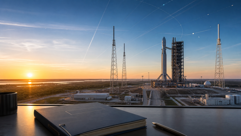 Editorial illustration of a U.S. space transportation policy scene with launch infrastructure