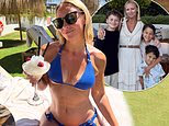 Kimberley Walsh shows off her toned figure in a blue bikini as she sips a frozen cocktail in carefree family snaps from holiday to Spain