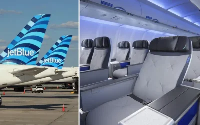 JetBlue unveiled its new first class domestic seat with more space, Bluetooth and customizable cocktails. Look.