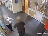 Moment when the teacher runs out of the classroom with a knife in her hand after a schoolboy stabs her in the head