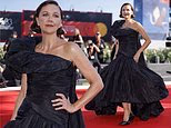 Maggie Gyllenhaal makes a statement in a black taffeta dress as she attends the A Place To Heal screening at the Venice International Film Festival