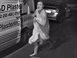 Moment a woman chases the thief in her bath towel while wielding a baseball bat after catching him on security camera stealing tools from a van