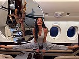 Nicole Scherzinger, 48, shows off her impressive flexibility as she does the splits aboard a private jet